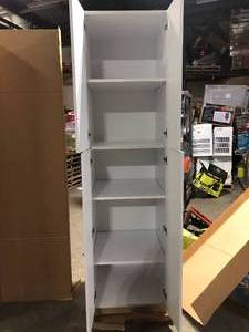 lot 5 image: Hampton Bay Designer Series Edgeley Assembled 24 X 90 X 23.75 in. Pantry Kitchen Cabinet Glacier Customer Returns See Pictures