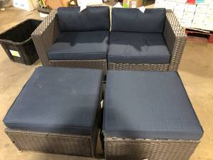 lot 7 image: Megon Holly Gray 3-Piece Wicker Outdoor Patio Conversation Seating Sofa Set with Denim Blue Cushions by XIZZI  Customer Returns See Pictures