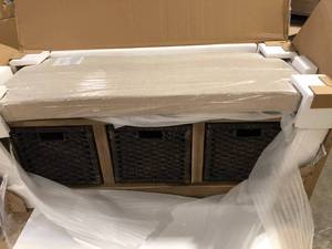 lot 38 image: White Storage Bench with 3 Removable Classic Rattan Baskets (19 in. x 48 in. x 20 in.) Customer Returns See Pictures