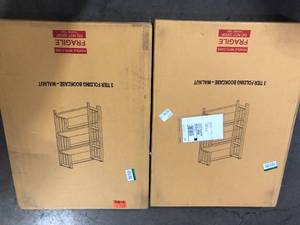 lot 41 image: Lot of 2 Home Decorators Collection 38 in. Walnut Wood 3-shelf Etagere Bookcase   Customer Returns See Pictures