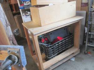 lot 296 image: Homemade wood cart on larger moving dolly