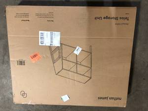 lot 12 image: Nathan James Telos Glossy White and Brown 4-Cube Organizer Storage Cabinet with Open Shelves and Angled Design Customer Returns See Pictures