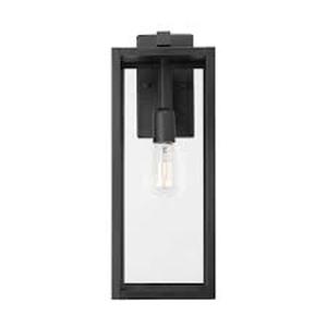 lot 139 image: Hampton Bay 19.25 in. Matte Black Farmhouse Outdoor 1-Light Wall Sconce with Clear Glass Shade