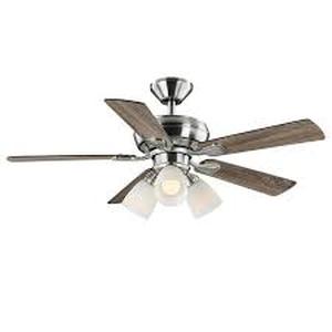 lot 1 image: Hampton Bay Riley 44 in. Indoor LED Brushed Nickel Ceiling Fan with Light Kit, 5 QuickInstall Reversible Blades and Remote Control
