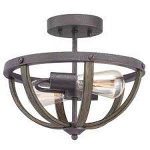 lot 25 image: Home Decorators Collection Keowee 13 in. 2-Light Artisan Iron Semi-Flush Mount with Distressed Elm Wood Accents