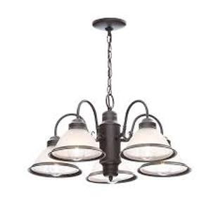 lot 29 image: Hampton Bay Halophane 5-Light Oil Rubbed Bronze Chandelier with Frosted Ribbed Glass Shades