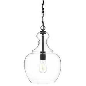lot 21 image: Home Decorators Collection Bakerston 1-Light Matte Black Hanging Pendant with Clear Glass Shade