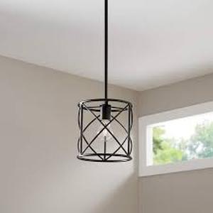 lot 53 image: Hampton Bay Hastings 60-Watt 1-Light Satin Bronze Pendant with Cage Shade