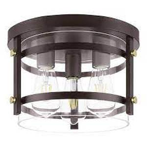 lot 179 image: Hampton Bay Huxley 11.9 in. 3-Light Dark Bronze Flush Mount Ceiling Light with Clear Glass Shade