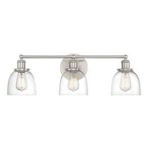 lot 68 image: Home Decorators Collection Evelyn 26.75 in. 3-Light Brushed Nickel Industrial Vanity with Clear Glass Shades