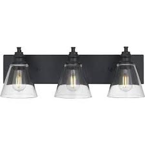 lot 71 image: Hampton Bay Manor 24 in. 3-Light Matte Black Industrial Bathroom Vanity Light with Clear Glass Shades