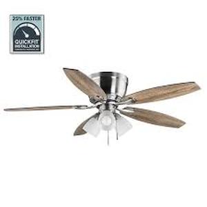 lot 80 image: Hampton Bay Sidlow 52 in. Indoor LED Brushed Nickel Hugger Dry Rated Ceiling Fan with 5 QuickInstall Reversible Blades and Light Kit