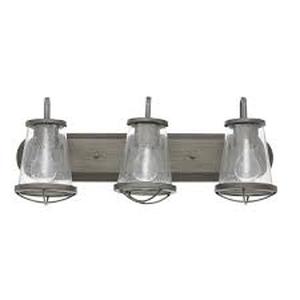 lot 83 image: Home Decorators Collection Georgina 24 in. 3-Light Weathered Iron Industrial Rustic Vanity with Clear Seeded Glass Shades and Cage Accents