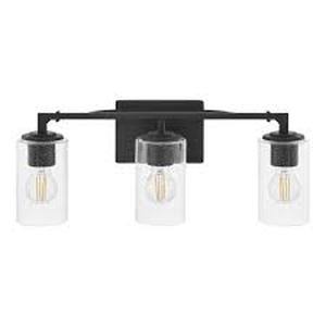 lot 196 image: Home Decorators Collection Helenwood 22 in. 3-Light Matte Black Bathroom Vanity Light with Clear Seeded Glass