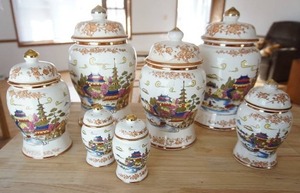 Vintage Vase Ginger Jar Porcelain Japan White Gold Japanese Architecture Canister Set with Salt & Pepper