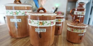 Vintage Orchard Ware Ceramic Canister Set Flour Coffee Tea Pepper OilTree Pattern