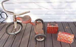 Vintage Childrens Tricycle and Metal Gingham Plaid Red Orange Lunch Boxes