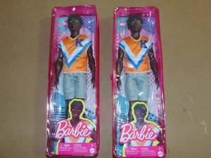 lot 11 image: 2 Pack  Roll over image to zoom in Barbie Fashionistas Ken Fashion Doll #203, Twisted Black Hair, Sporty Orange Jersey, Shorts & Sneakers 194735094400