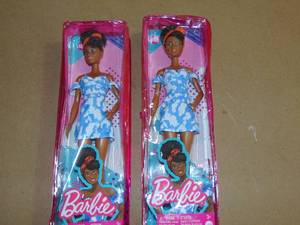 lot 14 image: 2 Pack Barbie Fashionistas Doll #185 with Black Up-Do Hair, Bleached Denim Dress, Boots & Headband Accessory 194735002054