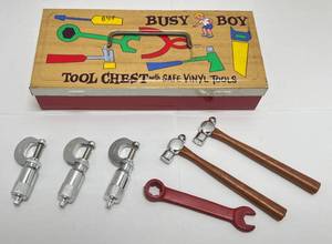 lot 26 image: 1960s Ohio Art Busy Boy Tool Box With Marx Brand Miniature Metal Toy Tools & More