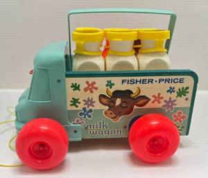lot 62 image: 1965 Fisher Price Milk Wagon Kids Pull Toy (VERY CLEAN)