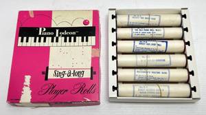 lot 243 image: 1960s J. Chein Piano Lodeon Player Music Rolls, Five In Original Box (Lightly Used)
