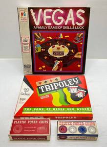 lot 258 image: 1962 Mr. Fun Gabco Triboley (NIB) 1973 Milton Bradley  Vegas (NIB) & Vintage Poker Chips