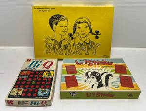 lot 159 image: 1956 LiL Stinker Matching Game (NEVER USED) 1958 Smarty Arithmetic BINGO, 1970 Hi-Q Puzzle Game (BARELY USED)