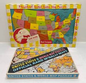 lot 164 image: 1960s Playskool Wooden United States Map Puzzle NIB & Selchow & Righter Radn McNally Maps