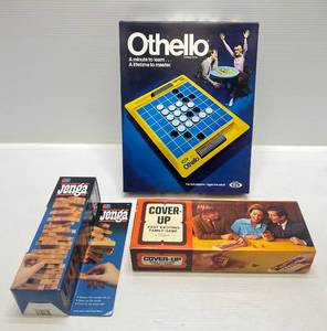 lot 217 image: 1969 Cover-Up Family Game NIB, 1983 Othello (NIB) & 1986 Jenga (NIB)