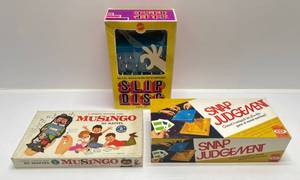 lot 218 image: 1962 Mattel Brand Musingo Musical Surprise Game, 1969 Mattel Slip Disc Game & 1972 Ideal Brand Snap Judgement Game (NIB)