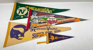 lot 292 image: Misc. Vintage Minnesota Sports Pennants North Stars, Twins And Vikings (Some With Date Written On Them)