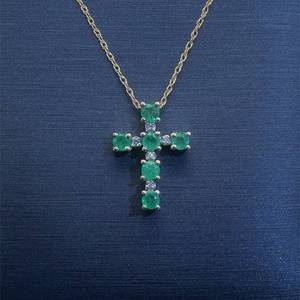 Round Emerald & Diamond Cross Pendant Necklace in Yellow Gold $1,699 Retail
