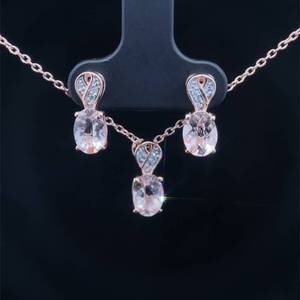 1.50 Carat Morganite Stud Earrings & Drop Pendant Ribbon Necklace -Matching Jewelry 2-Piece Jewelry Set