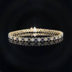2.50 Carat Blue Sapphire & Diamond Round Bezel Link Tennis Bracelet in 14k Yellow Gold $4,500 Retail