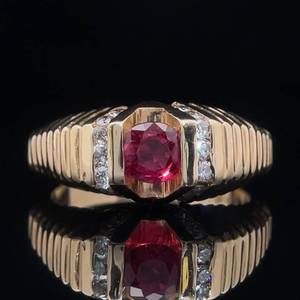 Round Ruby Tension Set Solitaire & Diamond Raised Ribbed Chevron Dome Ring in 14k Yellow Gold - Retro Mod Grooved Design $2,800 Retail