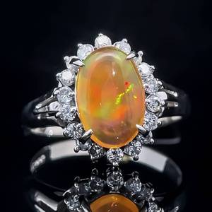 1.66 Carat Fire Opal Cabochon & Diamond Cluster Cocktail Ring in 900 Platinum Retail $3,400