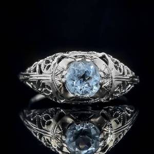 Rare Antique Estate Find Aquamarine Round Brilliant Cut Filigree Milgrain Vintage Ring in 18k Two-Tone Gold $1,650 Retail