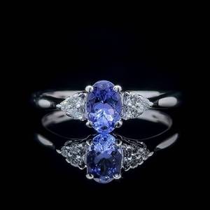 Oval Tanzanite & Diamond Cluster Three-Stone Filigree Scrolling Ribbon Ring in White Gold $1,550 Retail
