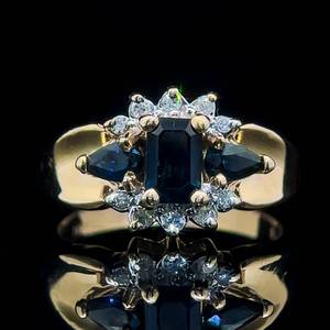 1.60 Carat Dark Blue Sapphire Three-Stone & Diamond Flower Cluster Ring in 14k Yellow Gold $1,550 Retail