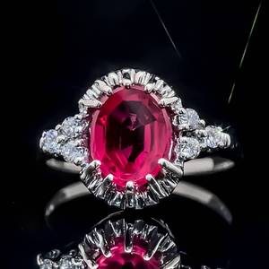 Fancy Oval Cut Ruby Solitaire & Diamond Halo Cluster Cocktail Ring in 14k White Gold $1,675 Retail