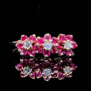 12 Carat Ruby & Diamond Triple Flower Cluster Bouquet Promise Ring in 14k Yellow Gold $1,899 Retail