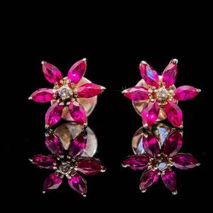 1.29ct Ruby & Diamond Snowflake  Hibiscus Cluster Flower Stud Earrings in Yellow Gold $2,200 Retail