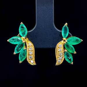 1.30 Carat Marquise Emerald & Diamond Ribbon Fanciful Flower Corsage Earrings in 14k Yellow Gold $1,800 Retail