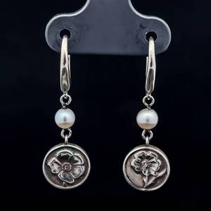 Designer Tiffany & Co. White Pearl & Coin Drop Dangle Linear Earrings w French Hooks