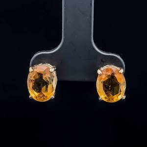 Citrine Oval Solitaire Stud Earrings in 14k Yellow Gold - Sunny Orange-Yellow Color
