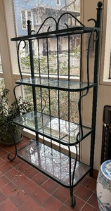 lot 156 image: Hunter Green Metal Bakers Rack with Glass Shelves