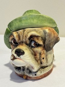 lot 34 image: Vintage Majolica Bulldog Jar with Lid