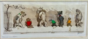 lot 126 image: Framed Vintage Hand Colored Engraving Print Boris Klein Dirty Dogs of Paris