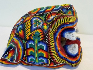 lot 8 image: Huichol Jaguar Head, Huichol Decor, Huichol Beadwork, Mexican Art, Collectible Figure